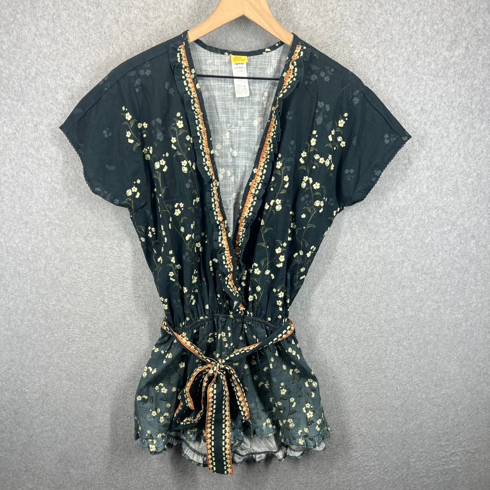 Agua Bendita Romper Women M Black Floral Cotton V-Neck Belted Ruffle Hem EUC